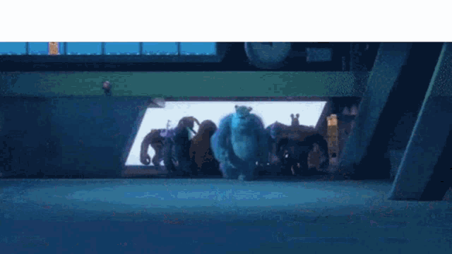 a group of monsters from the movie monsters inc are running in a dark room