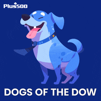 a blue dog with a tie and the words " dogs of the dow " below it