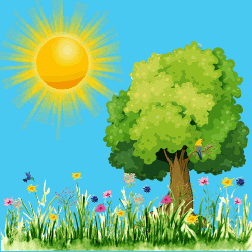 a cartoon illustration of a tree with flowers and a sun that says good morning