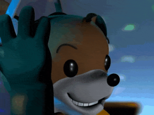 a close up of a cartoon character with a blue glove