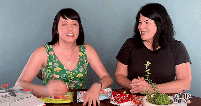 two women are sitting at a table with a cactus in front of them and one of them is wearing a green top