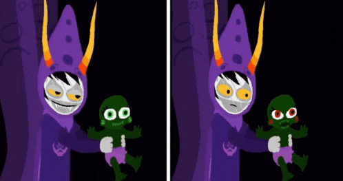 a cartoon of a purple monster holding a green baby