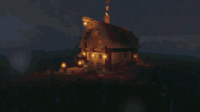 a minecraft screenshot of a house at night with lanterns