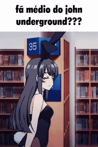 a girl in a bunny outfit is standing in front of a sign with the number 35 on it