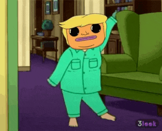 a cartoon character wearing pajamas is standing in front of a green couch