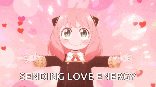 a girl with pink hair and green eyes is surrounded by hearts and the words " sending love energy "