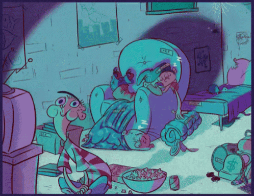 a cartoon drawing of a person sleeping in a chair with a sticker on it that says ' netflix '