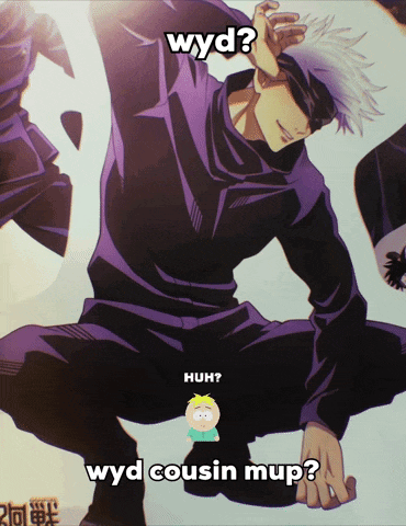 a picture of a man kneeling down with the words " wyd cousin mup " below him