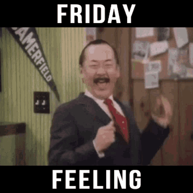 a man in a suit and tie is dancing in a room with the words friday feeling .