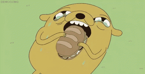 a cartoon dog is crying while eating a sandwich with the caption dewogong