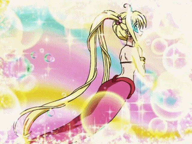 a mermaid is surrounded by bubbles and sparkles on a colorful background