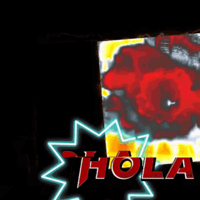 a neon sign that says hola in front of a fire background