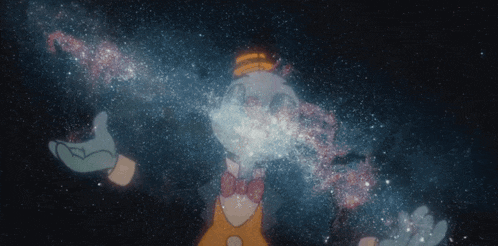 a cartoon character in a bow tie and gloves is surrounded by a galaxy