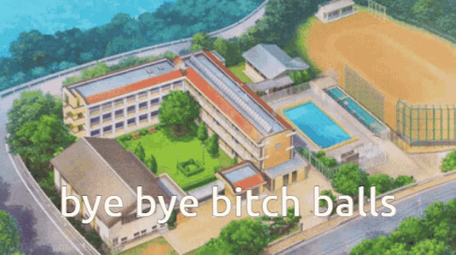 an aerial view of a school with the words bye bye bitch balls below it