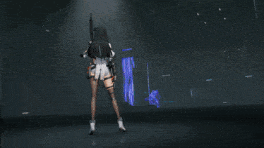 a girl with long black hair is holding a gun in her hand