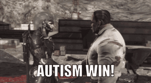 a video game scene with the words autism win