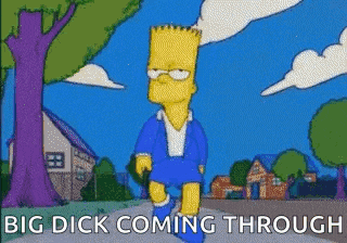 bart simpson from the simpsons is walking down the street with the words big dick coming through behind him .