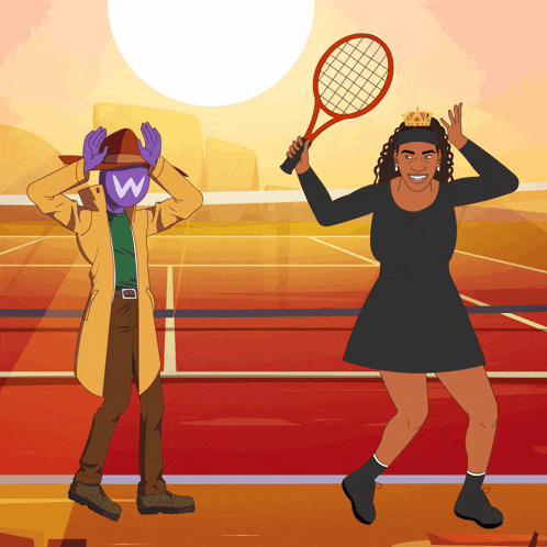 a cartoon drawing of a woman holding a tennis racket