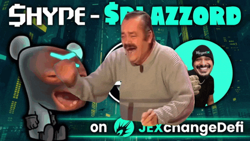 a poster with a man laughing and the words hype-spazzard on the top