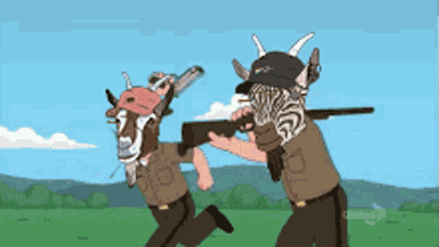 a cartoon of a goat and a zebra holding guns in a field