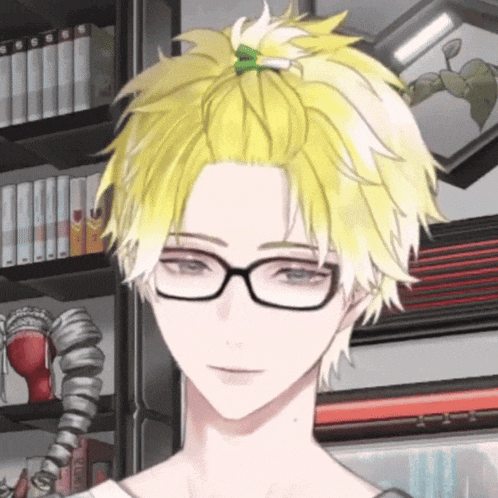 a man with yellow hair and glasses is standing in front of a book shelf