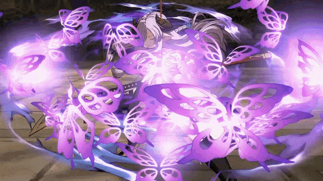a video game character is surrounded by purple butterflies and glowing lights