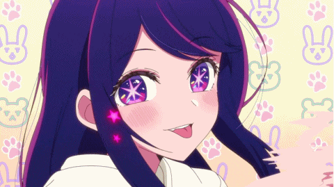 a girl with purple hair and pink eyes is making a face