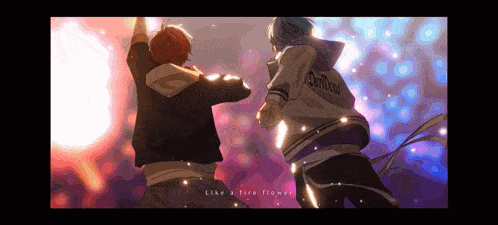 two anime characters are dancing together with the words like a fire flower written below them