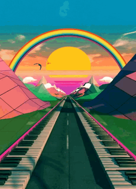 a painting of a road going through a piano keyboard with a rainbow in the background