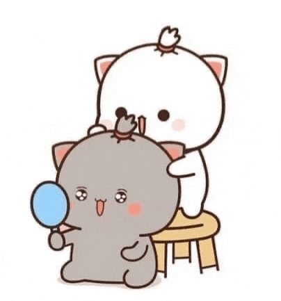 a cartoon cat is sitting on a stool while another cat brushes its hair .