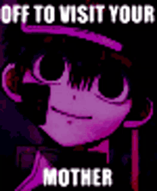 a purple and black pixel art of a girl with the words `` off to visit your mother '' written on the bottom .