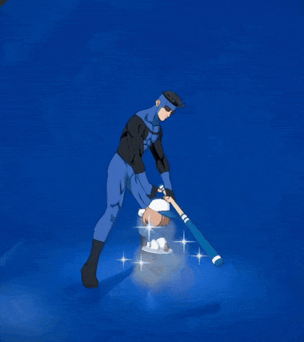 a cartoon of a man in a blue superhero costume swinging a bat
