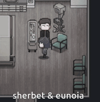 a pixel art of a man standing in a room with the words sherbet & eunoia below him .