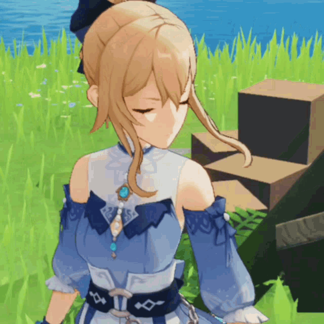 a girl in a blue and white dress is standing in the grass with her eyes closed