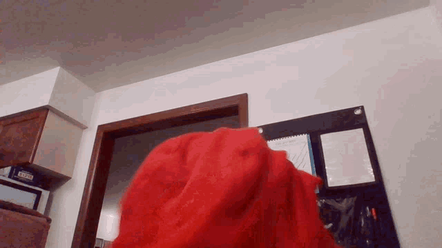a red blanket is wrapped around a person in a room
