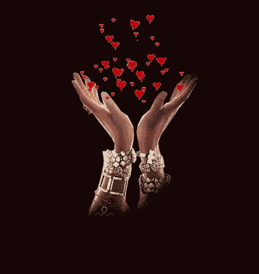 a woman 's hands with bracelets and hearts coming out of them on a black background