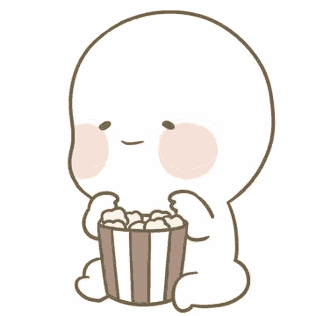 a cartoon of a person eating popcorn from a striped bucket .
