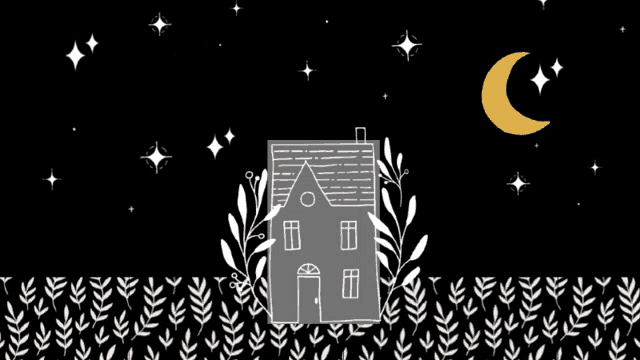 a drawing of a house with a crescent moon in the background .