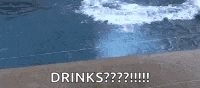 a picture of a beach with the words `` drinks ? ''
