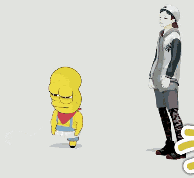 a man in a white hat stands next to a yellow cartoon character that says ' u ~ '