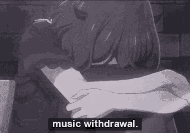 a black and white drawing of a girl with the words `` music withdrawal '' written on the bottom .