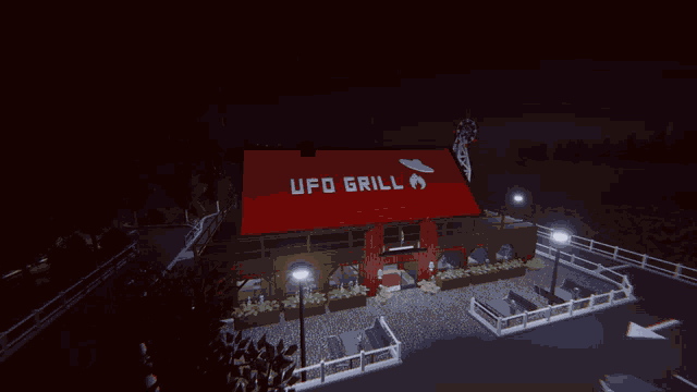 an aerial view of the ufo grill restaurant at night