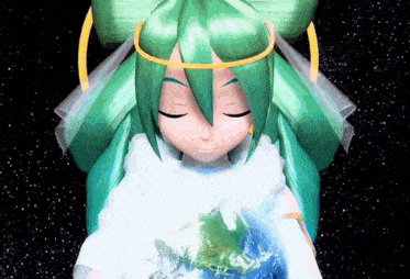 a cartoon character with green hair is holding a globe