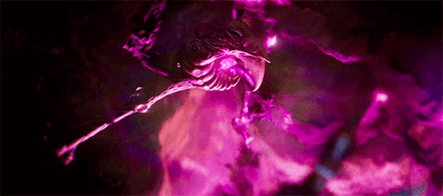 a purple skeleton is flying through the air in a dark room in a video game .