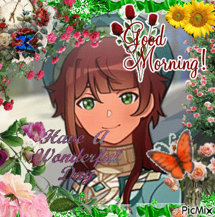 a picture of a girl surrounded by flowers and butterflies says good morning