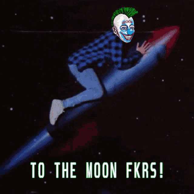 a man with a mohawk is riding a rocket with the words to the moon fkrs