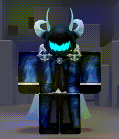 a roblox character with horns and a blue light on his face is standing in a room .