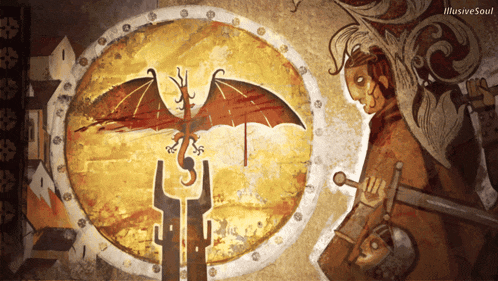 a painting of a man holding a sword and a dragon with the words illusive soul below