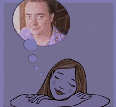 a cartoon of a woman dreaming about a man in a polizei shirt
