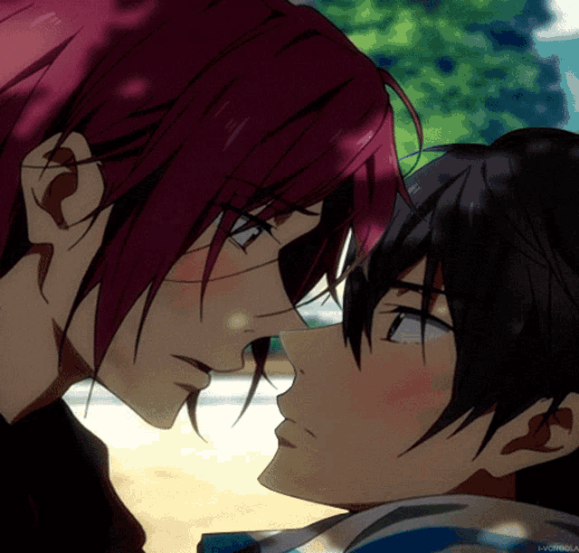 a close up of two anime characters looking at each other with the letters lv on the bottom right